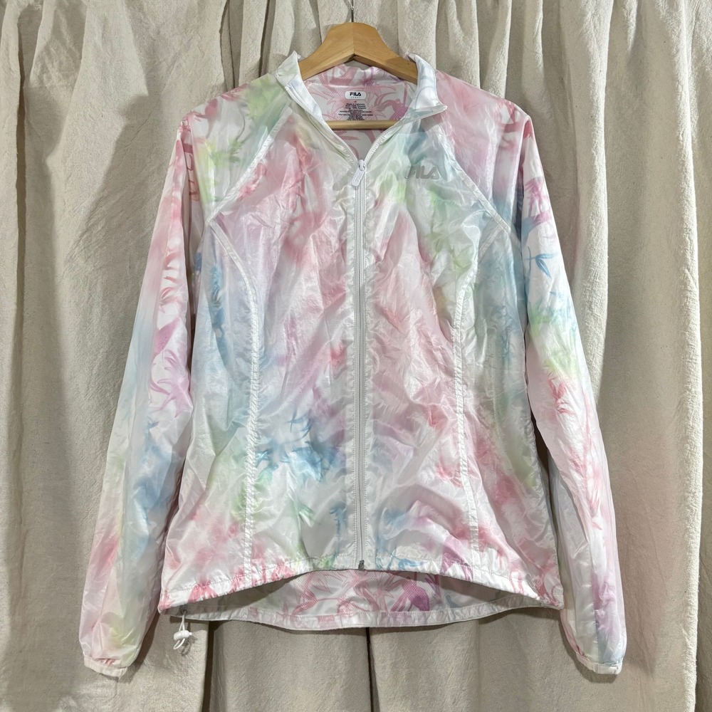 Fila Sport Womens Tie Dye Palm Print Windbreaker Jacket Pastel Full Zip‎ Medium